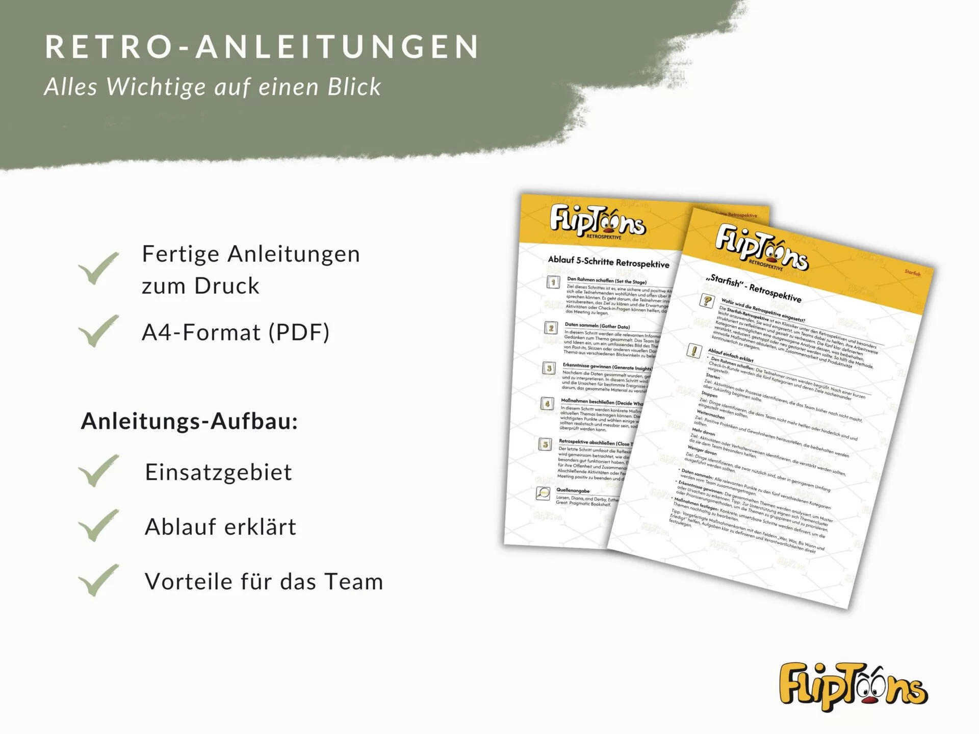 Retro-Anleitungen im A4-Format mit Fliptoons-Logo, zeigt fertige Dokumente zum Drucken mit Aufbaustruktur und Vorteilen