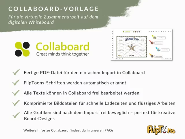 Collaboard-Vorlage für virtuelle Zusammenarbeit: Logo, Whiteboard-Vorschau und Funktionsmerkmale der Kollaborationsplattform