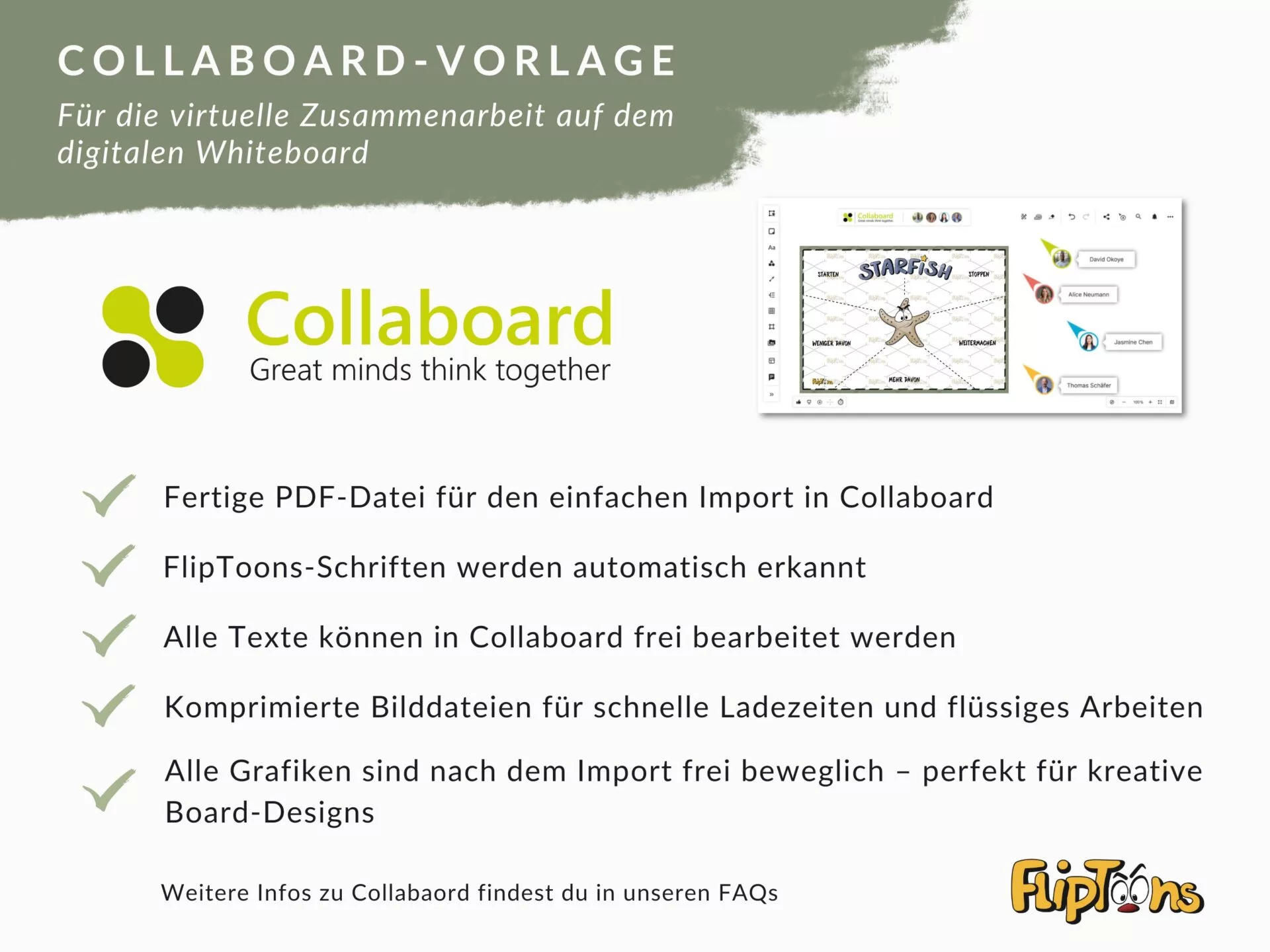 Collaboard-Vorlage für virtuelle Zusammenarbeit: Logo, Whiteboard-Vorschau und Funktionsmerkmale der Kollaborationsplattform