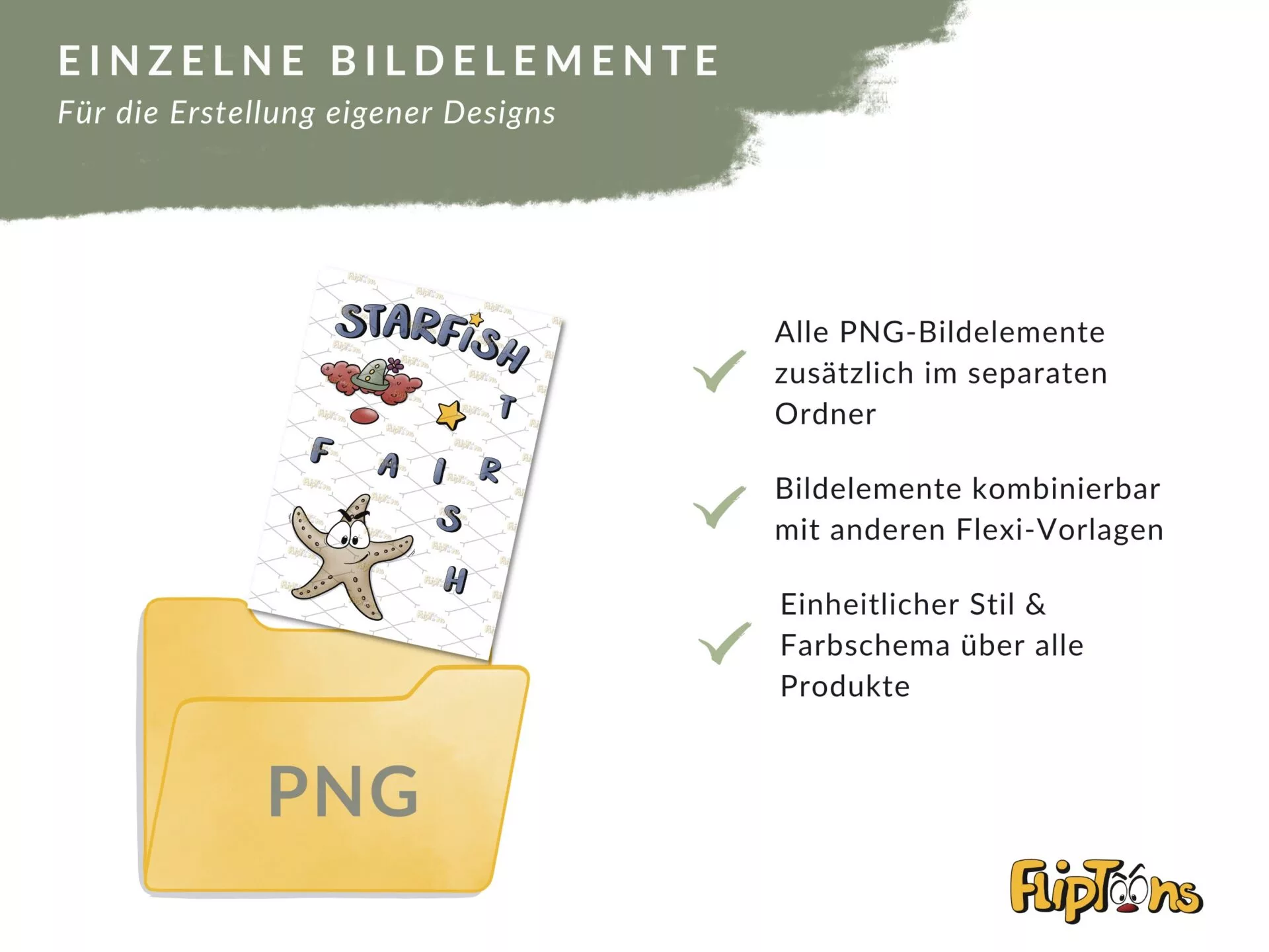 PNG-Ordner mit Starfish-Illustration und Vorteilen wie separaten Bildelementen, Kombinierbarkeit und einheitlichem Stil