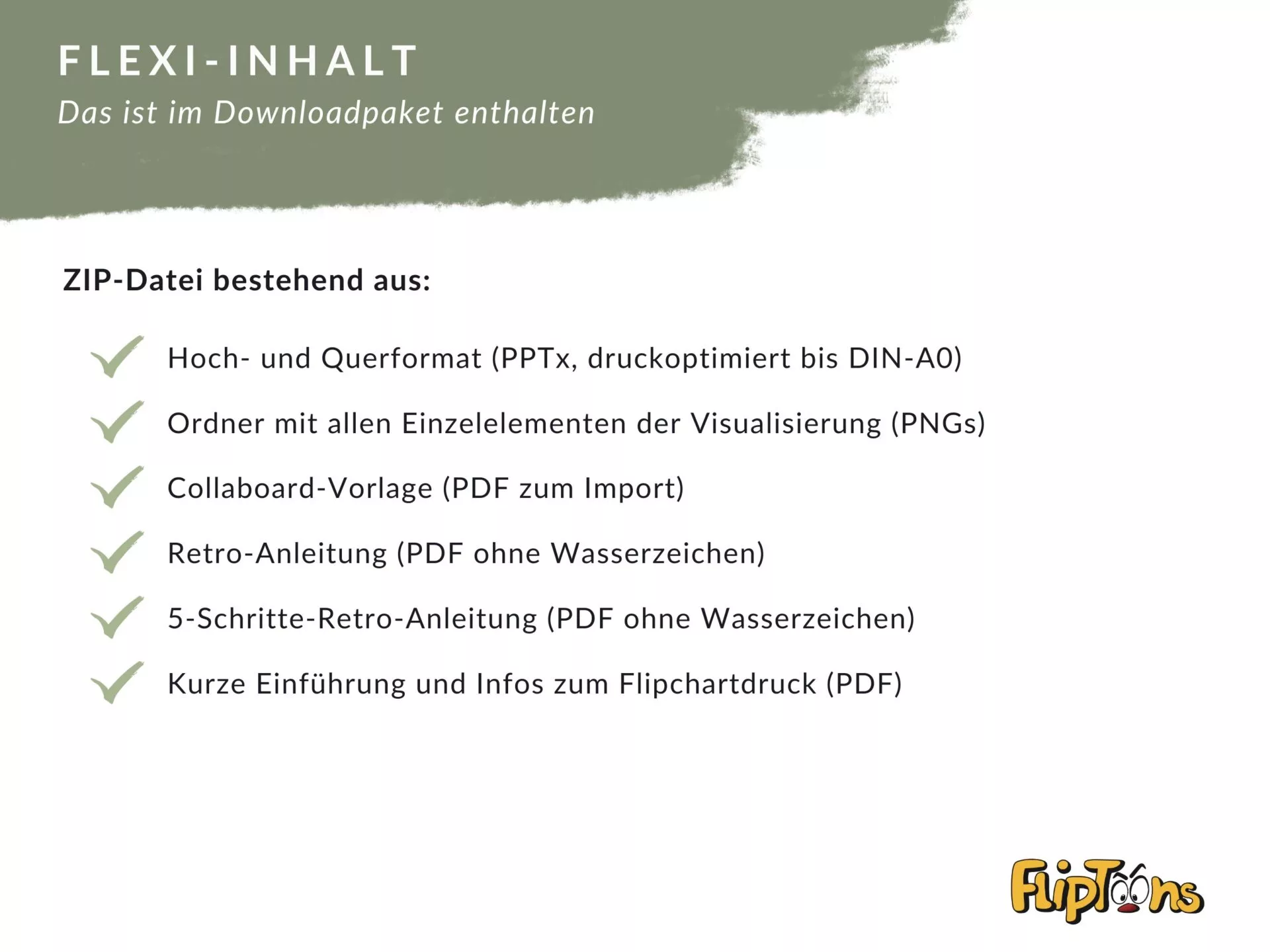 Flexi-Inhalt Downloadpaket mit ZIP-Dateien: PowerPoint, PNG-Elemente, PDFs für Collaboard, Retro-Anleitung und Flipchartdruck