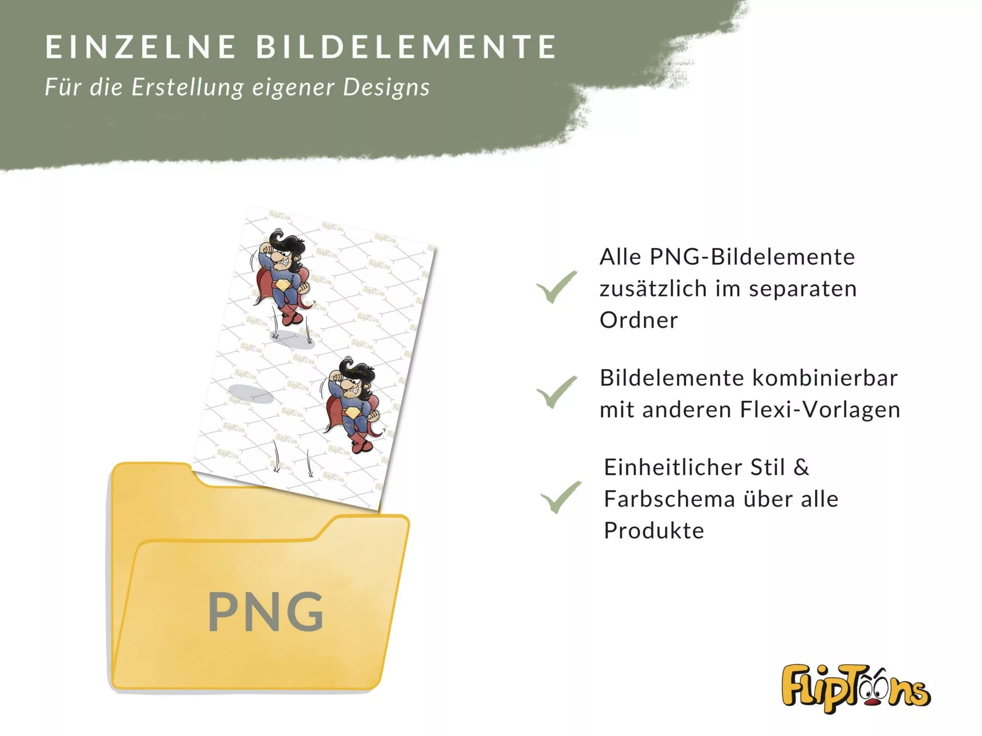 Einzelne PNG-Bildelemente für die Erstellung eigener Designs: Alle PNG-Bildelemente zusätzlich im separaten Ordner, kombinierbar mit anderen Flexi-Vorlagen, einheitlicher Stil und Farbschema.
