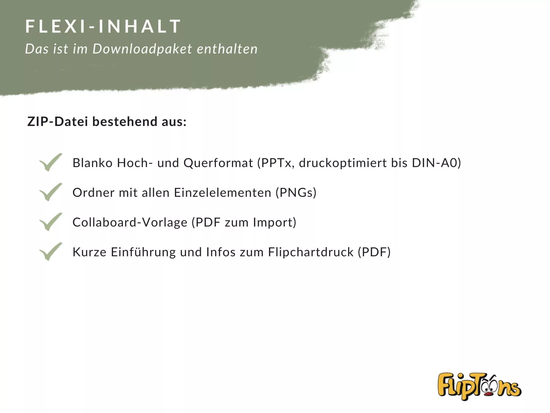 Flexi-Inhalt Download-Paket mit vier Elementen: PPTx, PNGs, PDF-Vorlage und Einführungsinfo, mit Fliptoons Logo
