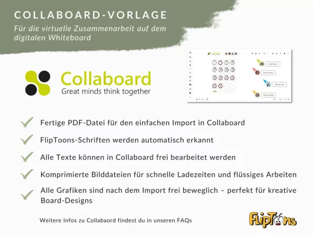 Collaboard-Vorlage für virtuelle Zusammenarbeit: Logo, Funktionen und Vorschau des digitalen Whiteboards mit Checkmarks