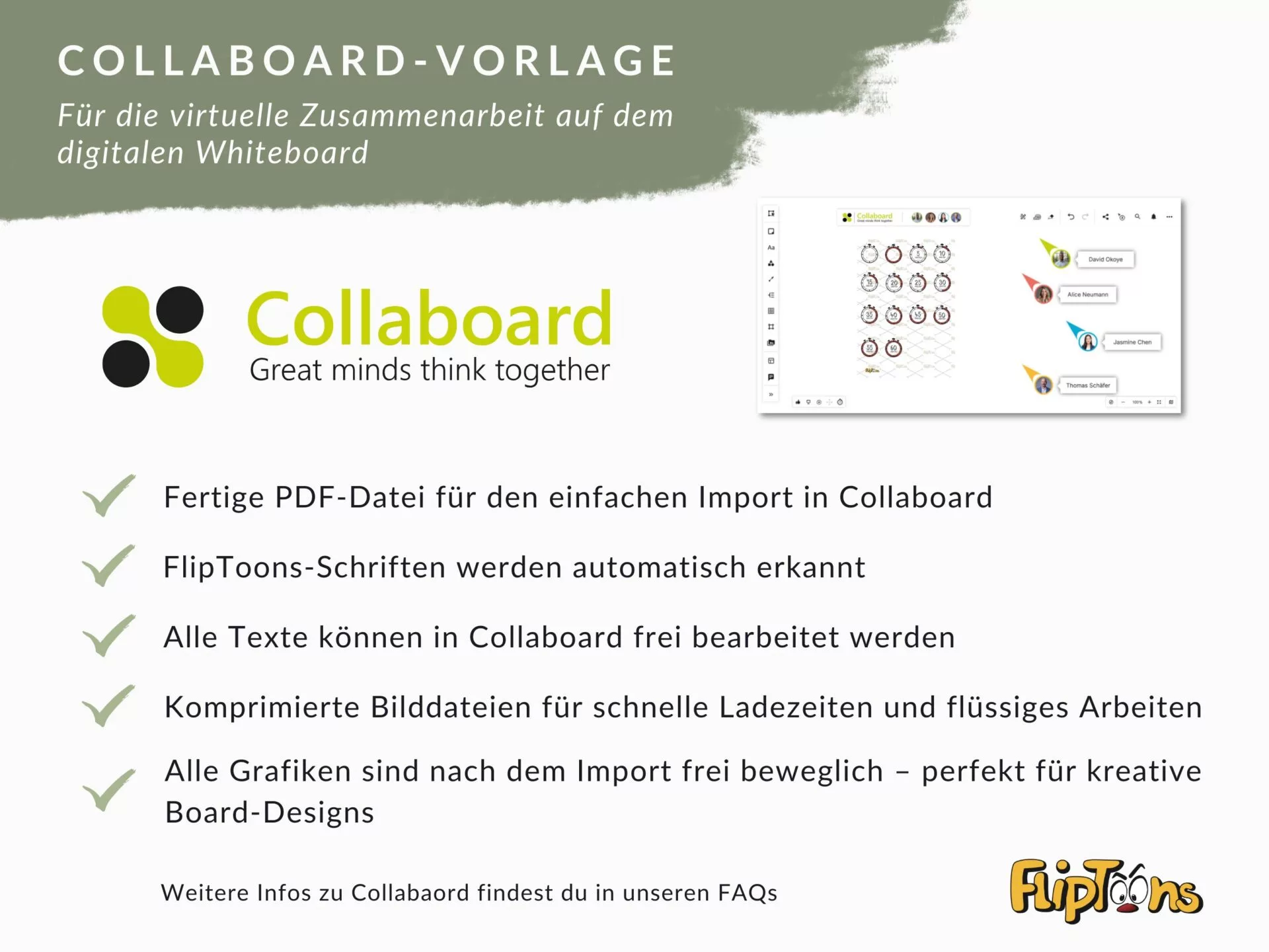 Collaboard-Vorlage für virtuelle Zusammenarbeit: Logo, Funktionen und Vorschau des digitalen Whiteboards mit Checkmarks