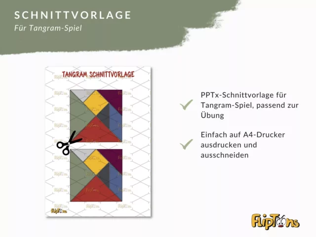Tangram-Schnittvorlage für Papierhandwerk, zwei farbige geometrische Muster zum Ausdrucken und Ausschneiden.