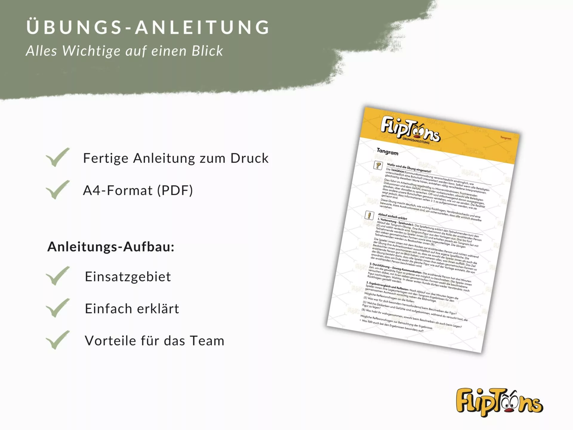 Übungs-Anleitung für Tangram-Spiel: Fertige PDF-Anleitung im A4-Format mit Einsatzgebiet, einfacher Erklärung und Team-Vorteilen.
