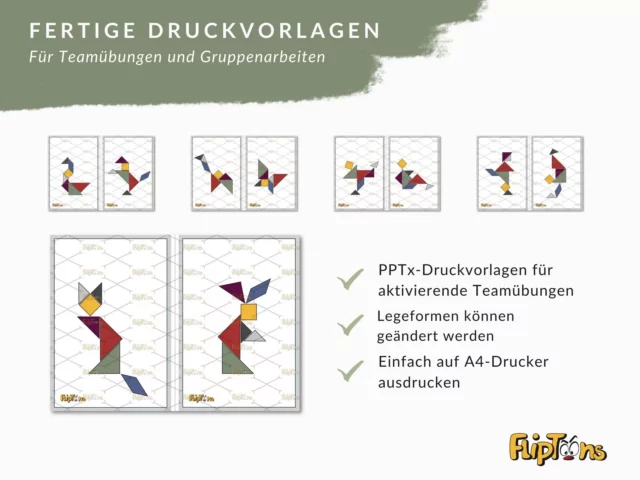 Farbige Tangram-Druckvorlagen für Teamübungen mit verschiedenen geometrischen Formen zum Ausdrucken.