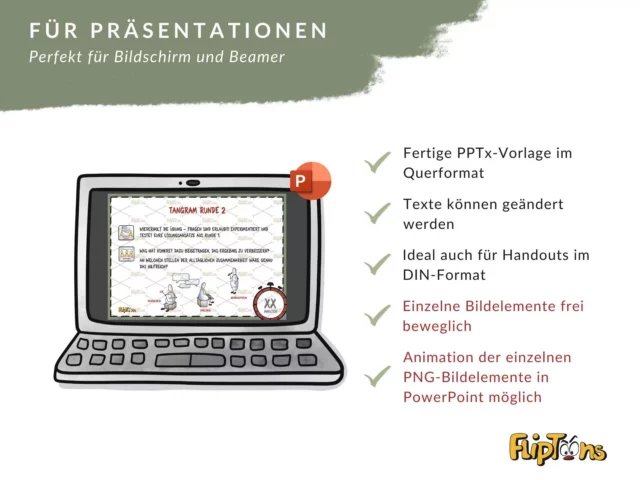 Laptop mit PowerPoint-Präsentation und Aufzählung der Vorteile: editierbare Texte, DIN-Format, bewegliche Bildelemente und animierbare PNG-Grafiken.