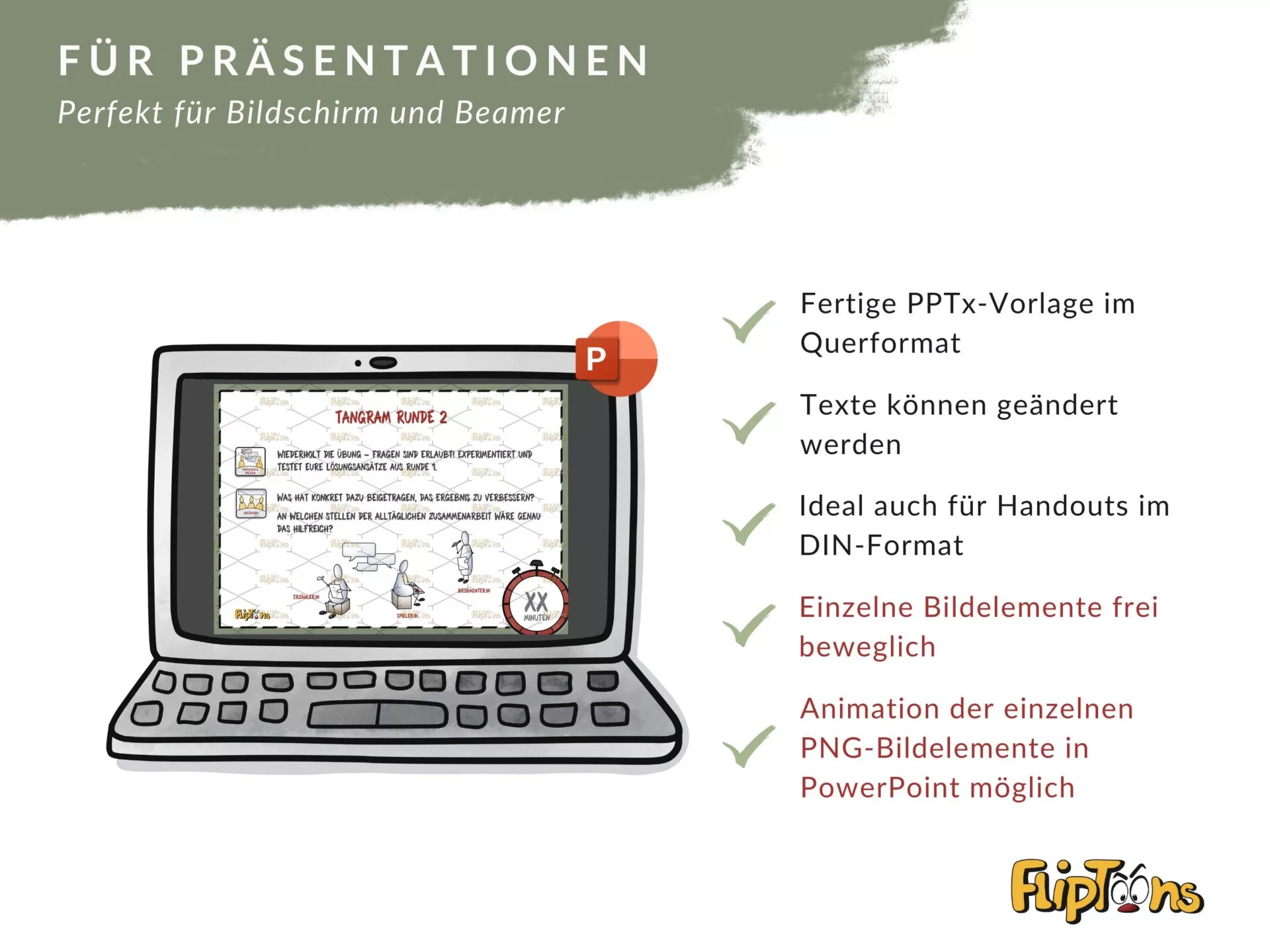 Laptop mit PowerPoint-Präsentation und Aufzählung der Vorteile: editierbare Texte, DIN-Format, bewegliche Bildelemente und animierbare PNG-Grafiken.