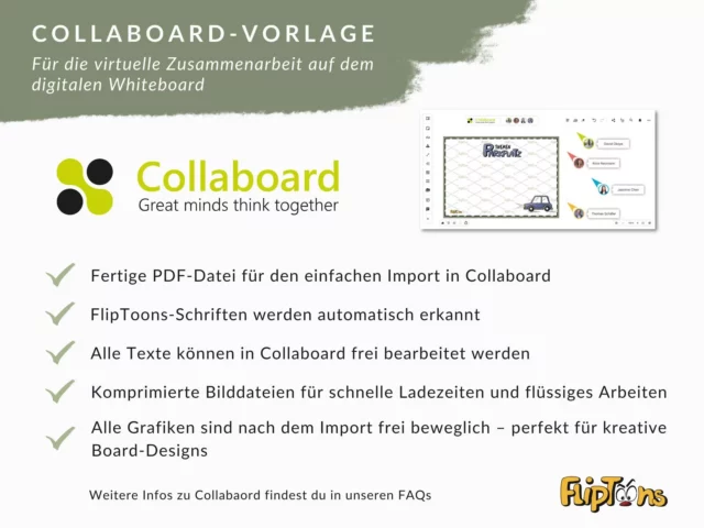 Collaboard-Vorlage für virtuelle Zusammenarbeit: Digitales Whiteboard mit Funktionen und FlipToons-Logo