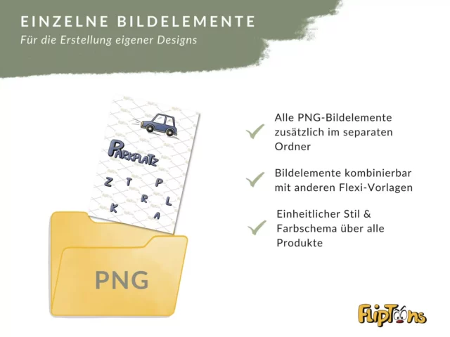 Gelber PNG-Ordner mit Parkplatz-Designelement und Vorteilen wie separater Ordner, kombinierbare Elemente und einheitlicher Stil