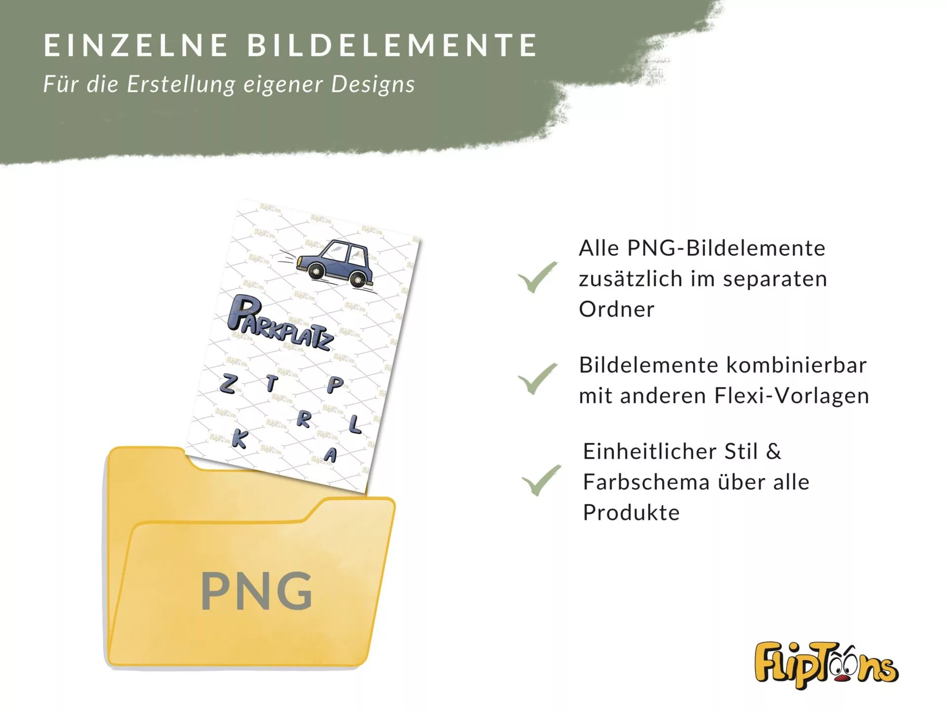 Gelber PNG-Ordner mit Parkplatz-Designelement und Vorteilen wie separater Ordner, kombinierbare Elemente und einheitlicher Stil