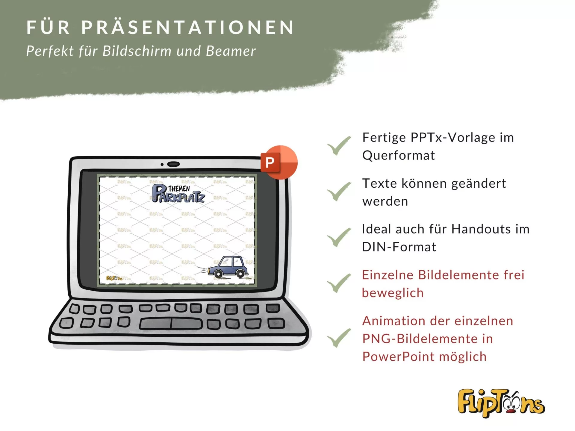 PowerPoint-Vorlage für Präsentationen mit Laptop, Hintergrund kariert, blaues Auto, Funktionen aufgelistet