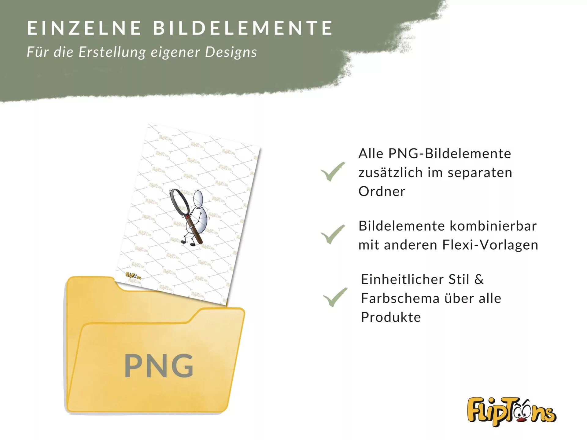 PNG-Ordner mit Bildelementen, Grafik eines Charakters mit Lupe auf gemustertem Hintergrund, Vorteile für Design-Erstellung aufgelistet