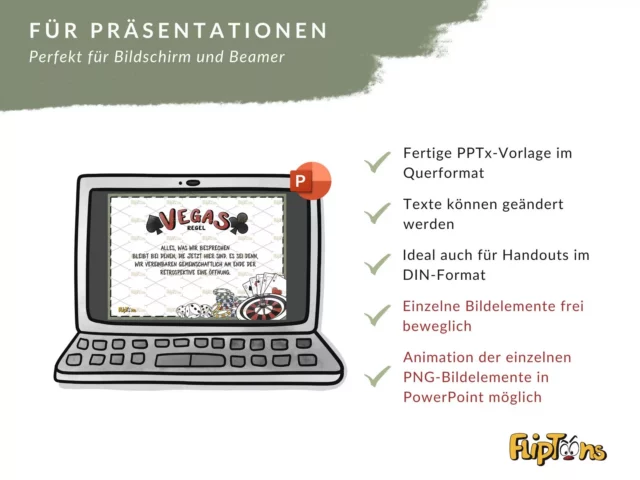 PowerPoint-Vorlage mit Laptop, Vegas-Regel-Präsentation und Funktionen wie Querformat und Animationsmöglichkeiten