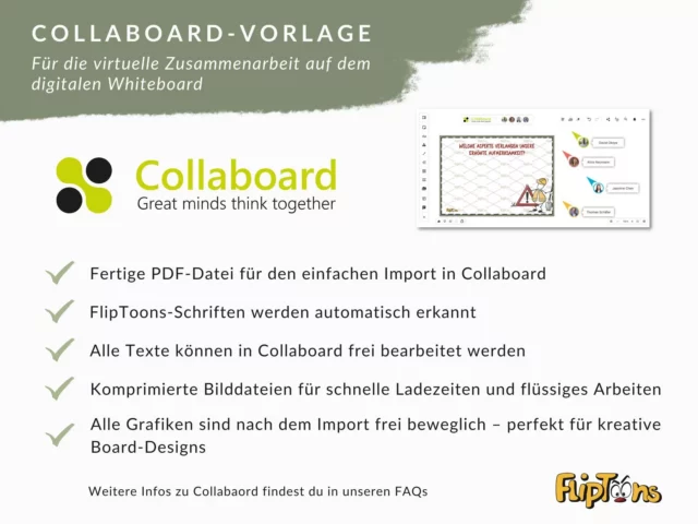 Collaboard-Vorlage für virtuelle Zusammenarbeit, mit Features wie PDF-Import, bearbeitbaren Texten und flexiblen Grafiken
