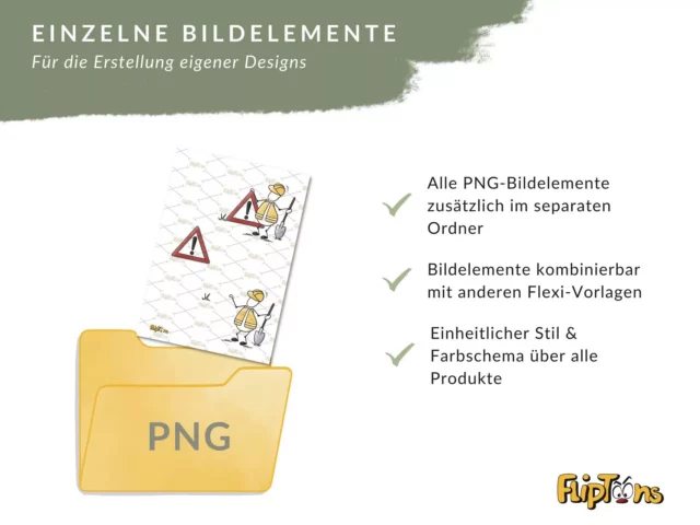 Gelber PNG-Ordner mit Baustellenszenen, Häkchen zeigen Vorteile wie kombinierbare Bildelemente und einheitlichen Stil