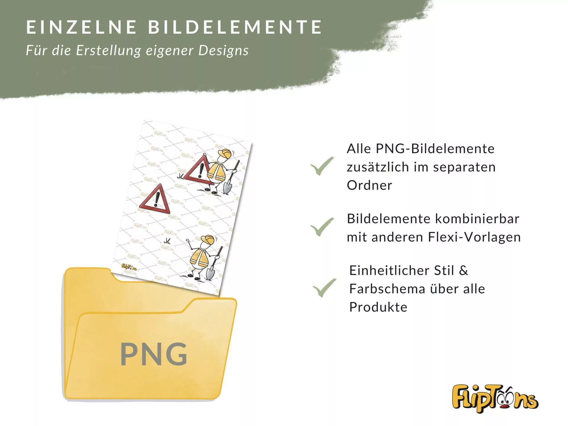 Gelber PNG-Ordner mit Baustellenszenen, Häkchen zeigen Vorteile wie kombinierbare Bildelemente und einheitlichen Stil