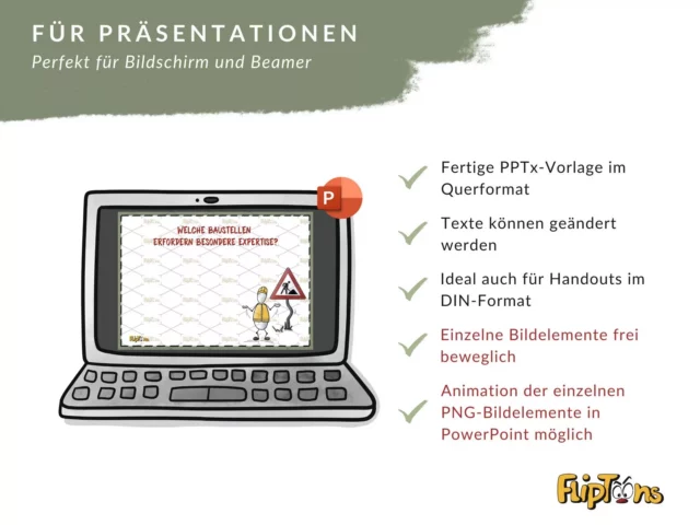 PowerPoint-Vorlage für Präsentationen mit Baustellensymbol, Laptop-Grafik und Funktionsliste für Bildschirm und Beamer