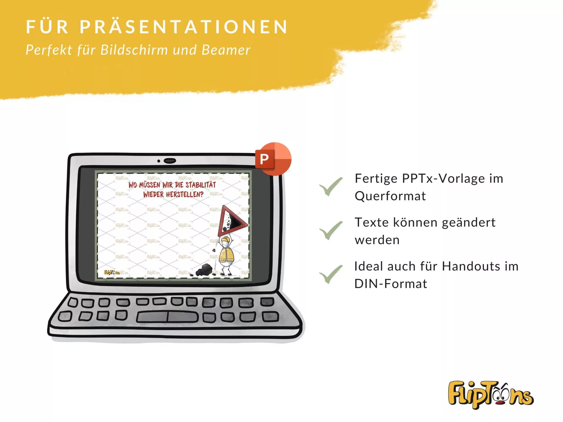 Laptop mit PowerPoint-Präsentation, zeigt Cartoon-Figur mit Warnschild und Eigenschaften der Präsentationsvorlage