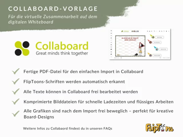 Collaboard Vorlage für virtuelle Zusammenarbeit, mit Features wie PDF-Import, FlipToons-Schriften und bearbeitbaren Grafiken