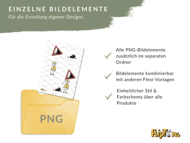 PNG-Ordner mit Bildelementen: Warnschild, Figuren in gelben Jacken, Wolken auf kariertem Hintergrund, drei Häkchen zu Eigenschaften