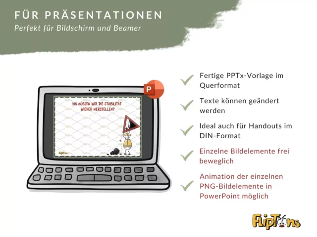 PowerPoint-Vorlage mit Laptop-Bildschirm, Cartoon-Figur und Checkliste der Präsentationsvorteile