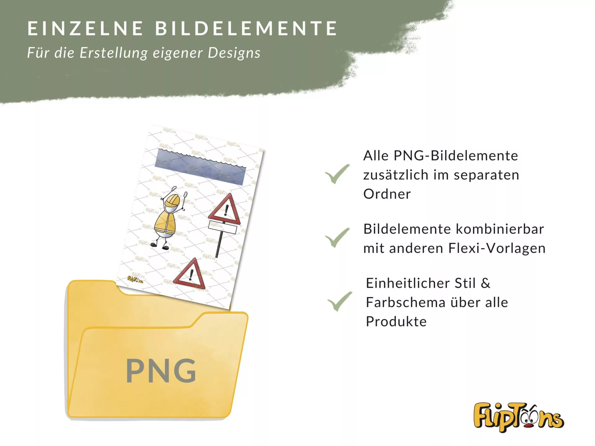 Gelber PNG-Ordner mit Warnschildern und gezeichneter Figur, zeigt Designelemente für flexible Vorlagen