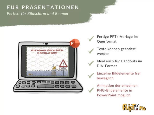 PowerPoint-Vorlage für Präsentationen mit Laptop-Grafik, Checkboxen und Beispielfolie zur Hochwasserprävention
