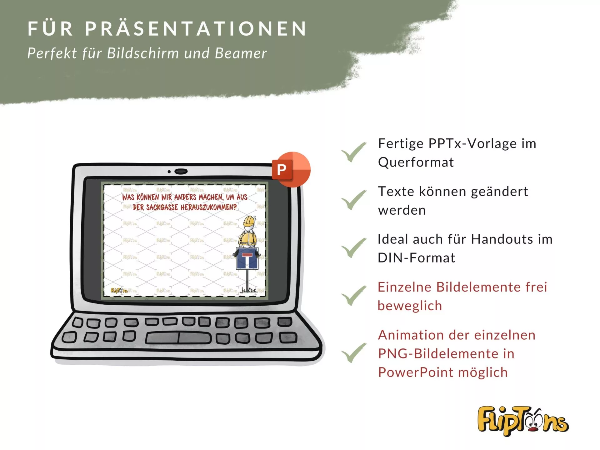 PowerPoint-Vorlage für Präsentationen mit Laptop, Cartoon-Figur und Funktionsliste für Bildschirm und Beamer