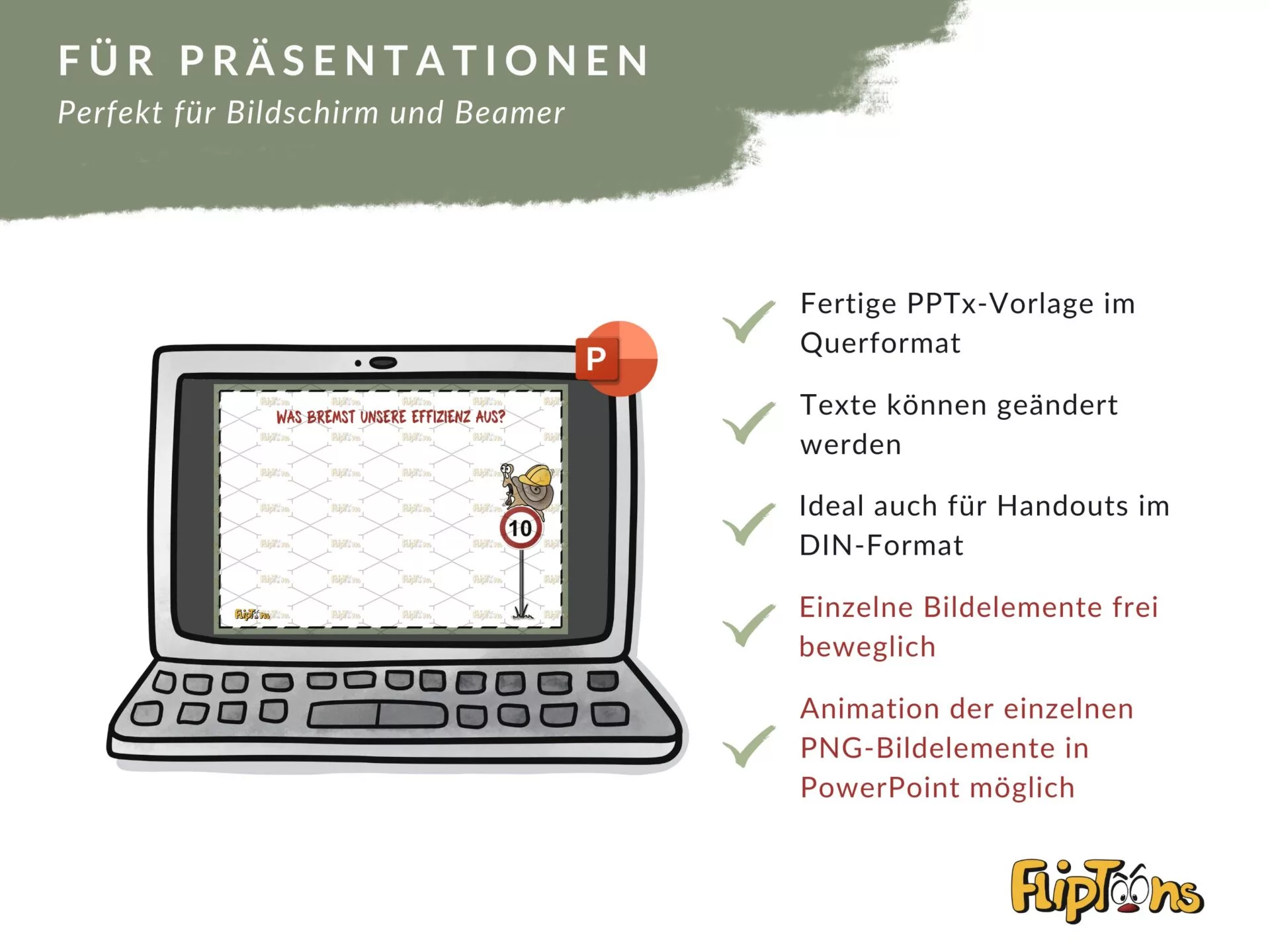 PowerPoint-Vorlage für Präsentationen mit Laptop-Grafik, PowerPoint-Symbol und Liste der Vorteile für Bildschirm und Beamer