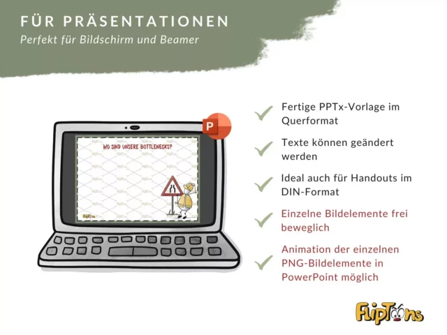 PowerPoint-Vorlage mit Laptop-Bildschirm, Präsentationsmerkmalen und Cartoon-Figur mit Verkehrsschild