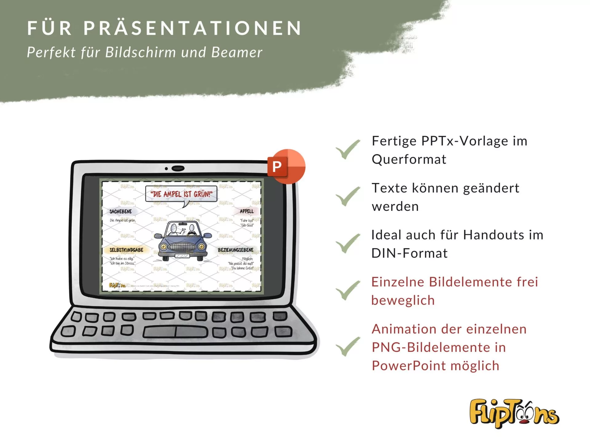 Laptop mit PowerPoint-Präsentation zum Thema "Die Ampel ist grün" - Vorteile für Bildschirm und Beamer aufgelistet.