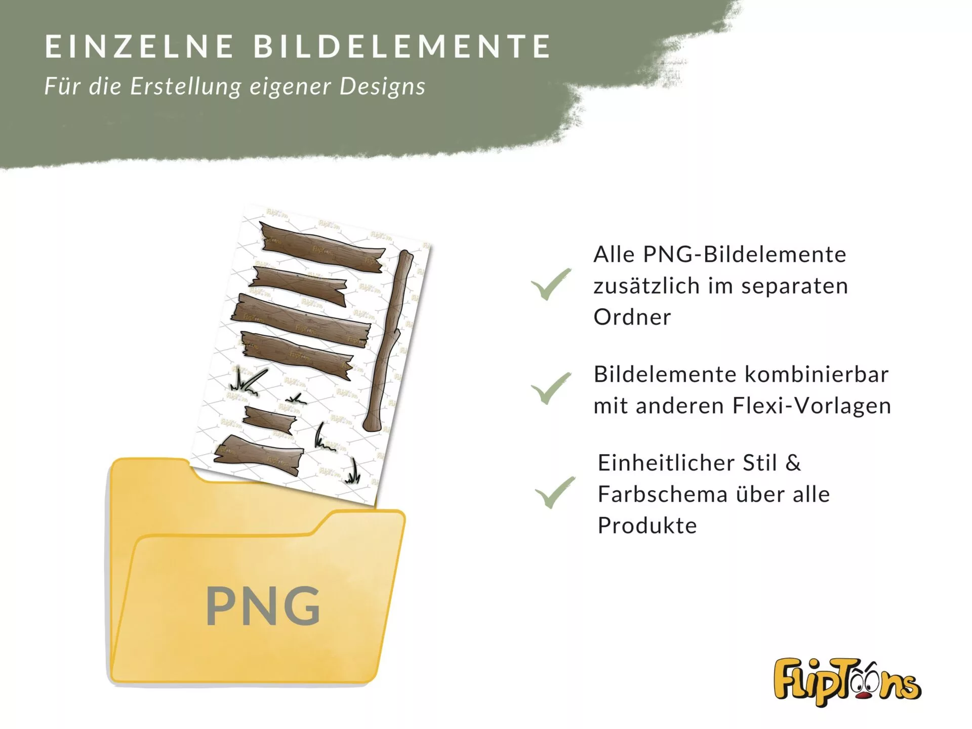 Einzelne Bildelemente als PNG-Dateien für individuelle Designs mit konsistentem Stil und Farbschema.