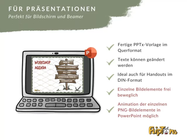 Laptop mit PowerPoint-Präsentation und Vorteilen: editierbare PPTx, änderbare Texte, DIN-Format, bewegliche Bildelemente, animierte PNG-Bilder.