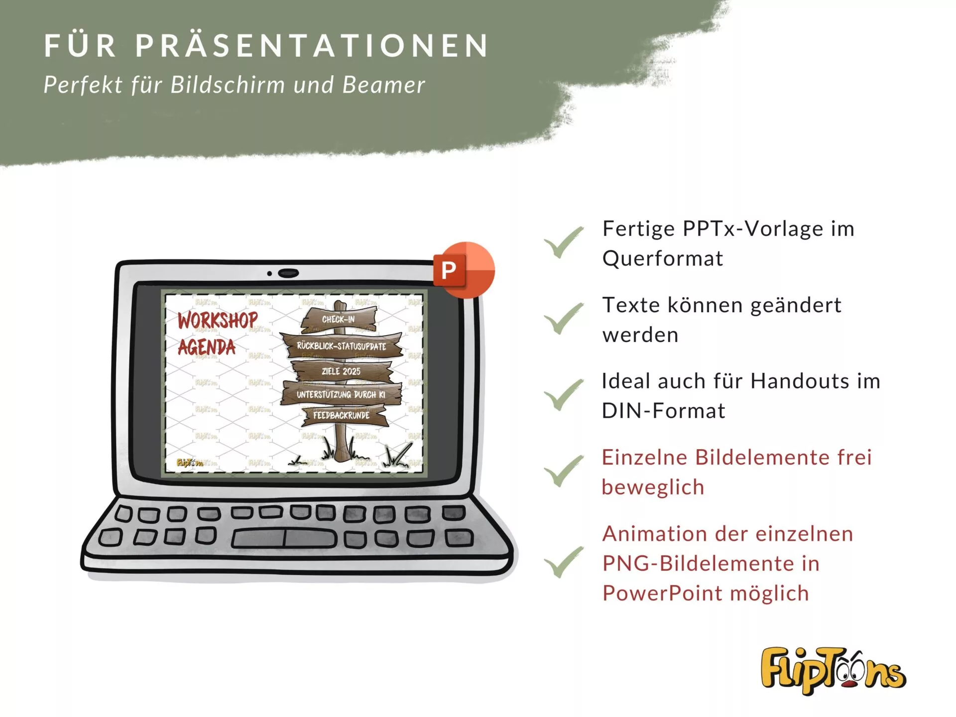Laptop mit PowerPoint-Präsentation und Vorteilen: editierbare PPTx, änderbare Texte, DIN-Format, bewegliche Bildelemente, animierte PNG-Bilder.