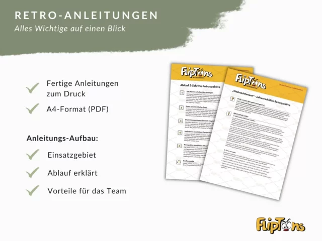 Retroanleitungen PDF: Fertige Druckvorlagen im A4-Format mit Einsatzgebiet, Ablauf und Team-Vorteilen.