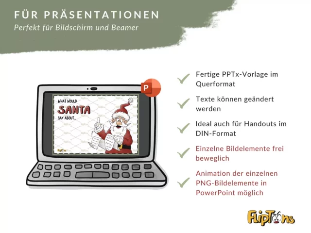 Laptop mit PowerPoint-Präsentation zum Thema "What would Santa say about" - Merkmale für Präsentationen aufgelistet.