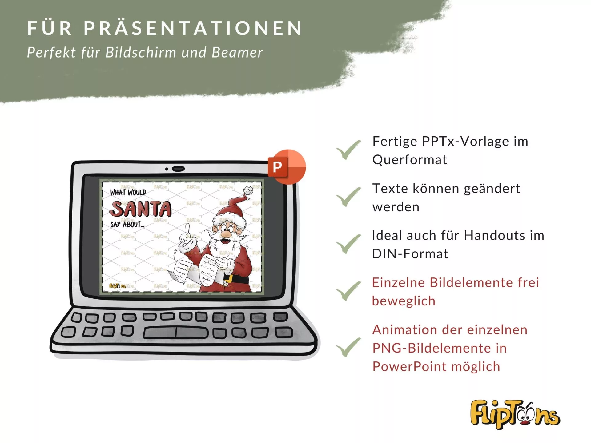 Laptop mit PowerPoint-Präsentation zum Thema "What would Santa say about" - Merkmale für Präsentationen aufgelistet.