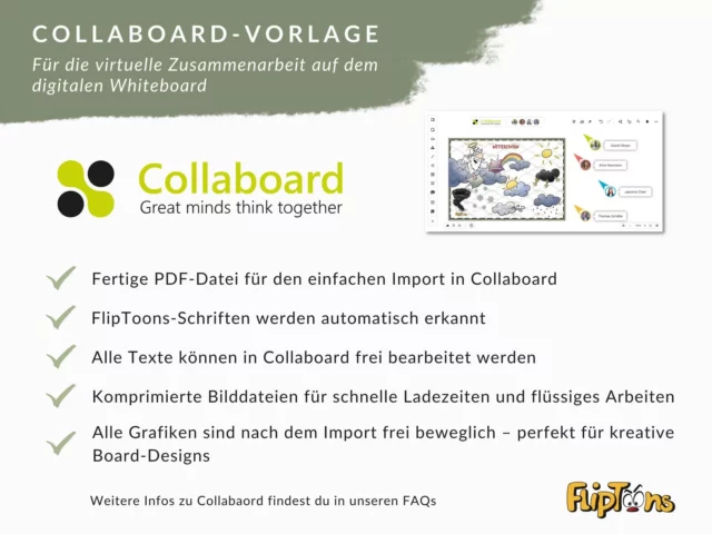 Collaboard-Vorlage für digitale Zusammenarbeit mit Funktionen wie PDF-Import, bearbeitbare Texte und bewegliche Grafiken.