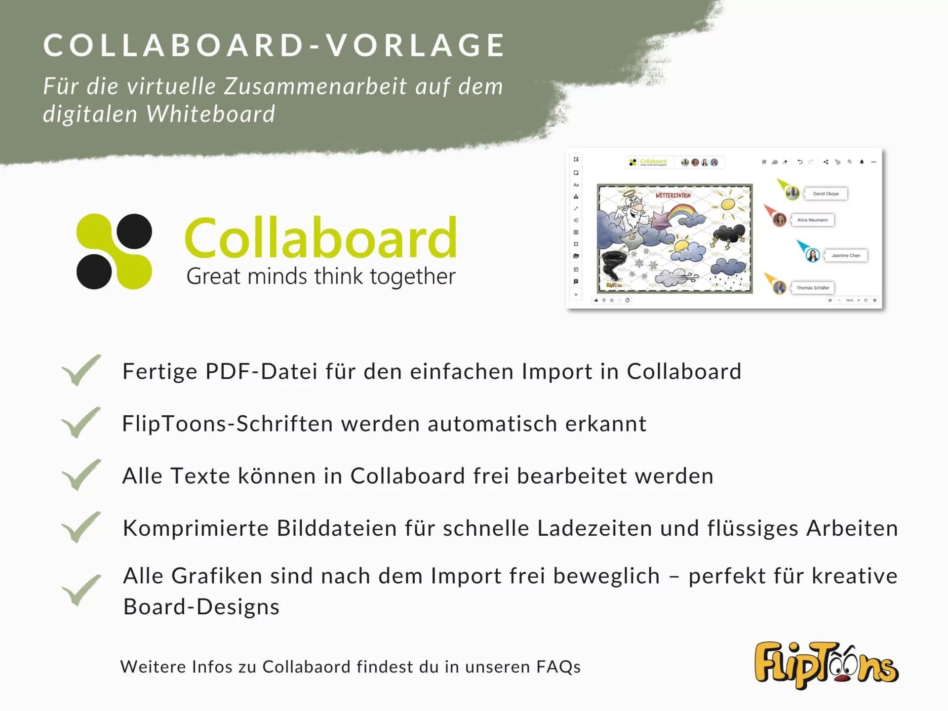 Collaboard-Vorlage für digitale Zusammenarbeit mit Funktionen wie PDF-Import, bearbeitbare Texte und bewegliche Grafiken.