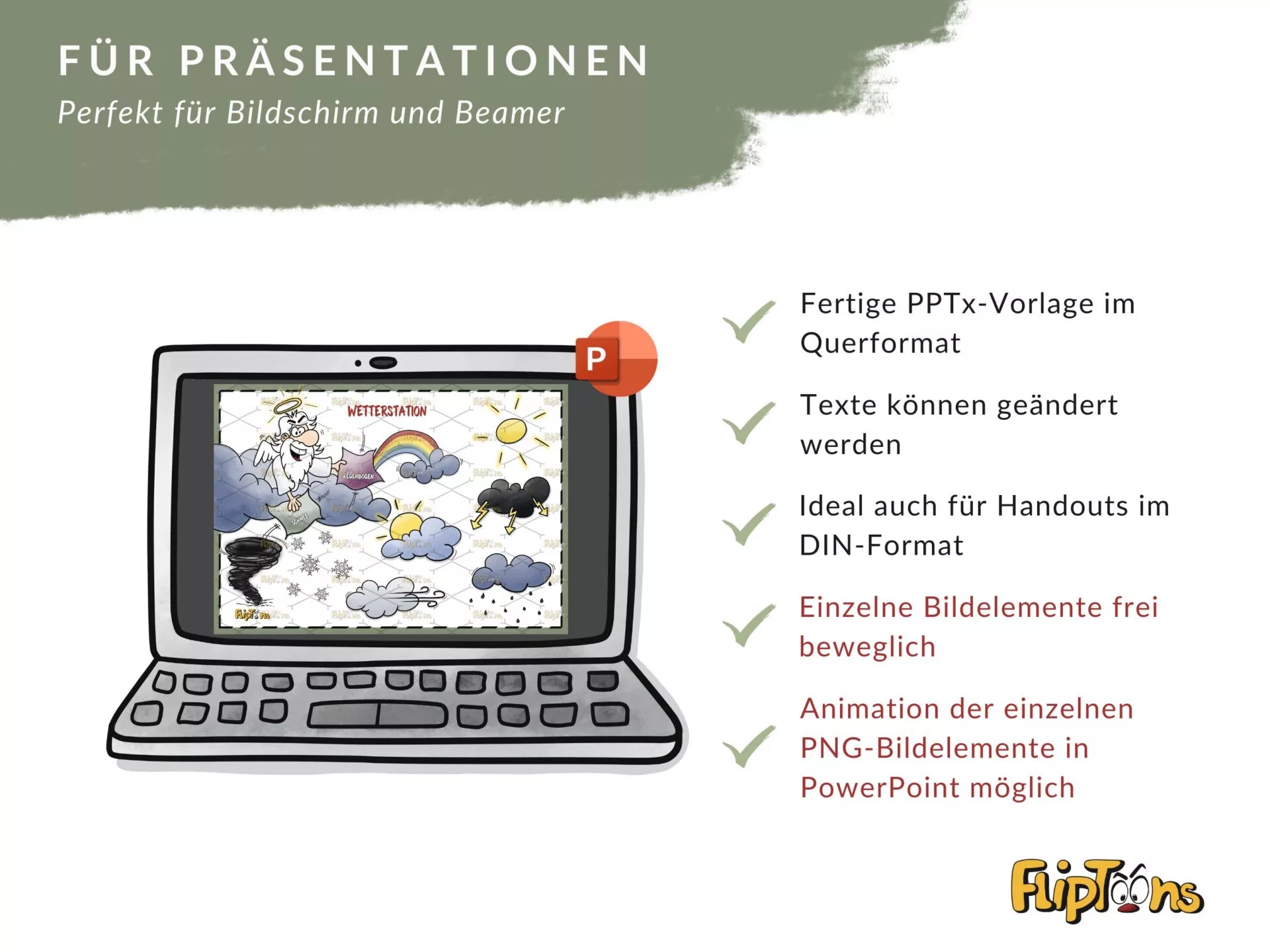 Laptop zeigt PowerPoint-Präsentation mit Wettergrafiken und Merkmalen für Bildschirme und Beamer.