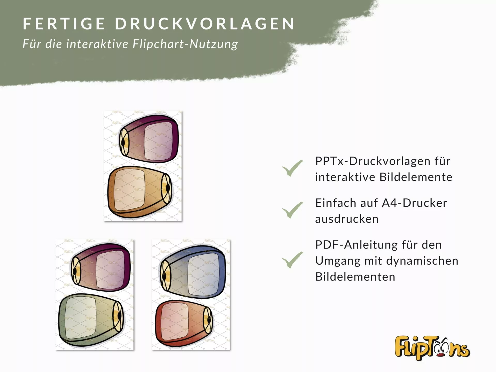 Fertige Druckvorlagen für interaktive Flipchart-Nutzung mit PPTx-Druckvorlagen, A4-Drucker-Kompatibilität und PDF-Anleitung für dynamische Bildelemente.