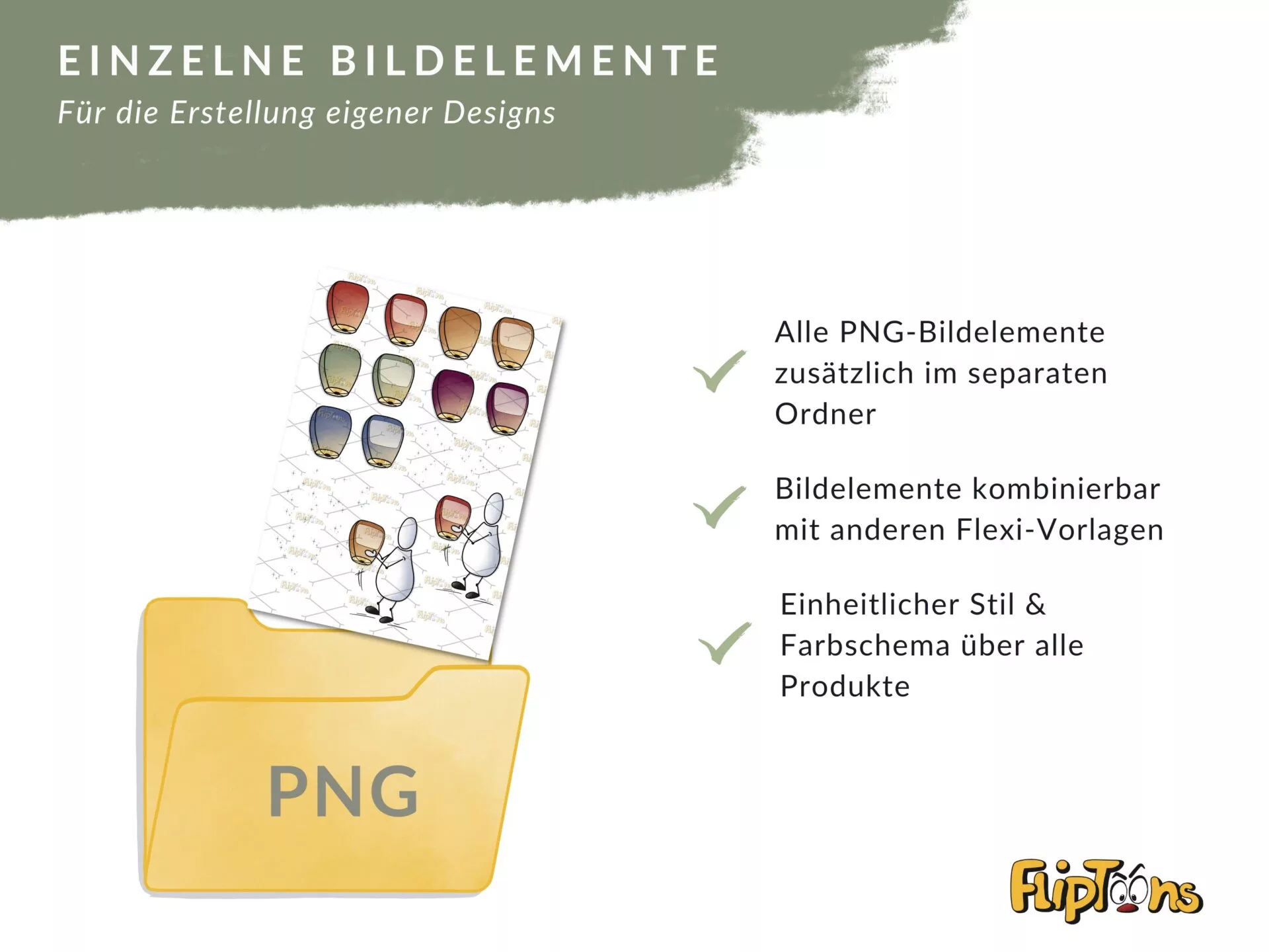 Einzelne PNG-Bildelemente für Designs: Farbige Laternen und Figuren in einem gelben Ordner mit Hinweisen zu Kombinierbarkeit und einheitlichem Stil.