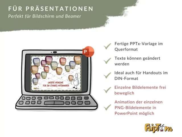 Laptop mit PowerPoint-Präsentation und Aufzählung der Features für Präsentationen wie bearbeitbare Texte und PNG-Animationen.
