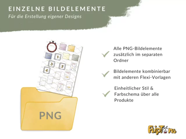 Einzelne Bildelemente als PNG-Dateien für eigene Designs mit konsistenter Farbgestaltung und Kombinierbarkeit.