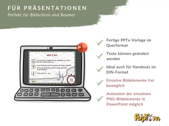Laptop mit PowerPoint-Präsentation "Walk & Talk" und Aufzählung der Vorteile wie bearbeitbare Texte und animierbare Bildelemente.
